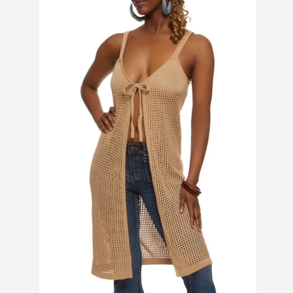 New FCT FULL CIRCLE TRENDS Tan Open Front Knitted Swim Cover-Up Women's